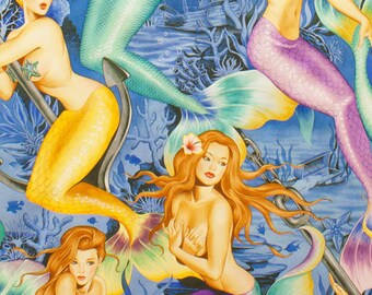Sea SIrens in Blue from Alexander Henry Nicole's Prints 7825A cotton sheeting pin up girls quilting cotton mermaid fabric by the yard