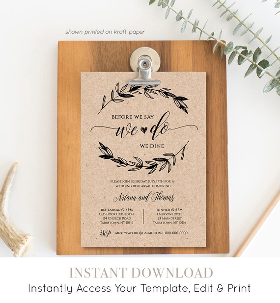 Rustic Wedding Rehearsal Invitation Instant Download