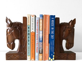 Pair of Vintage, Mid-Century, 1950's, 1960's, Carved, Wood, Horse Head, Bookends