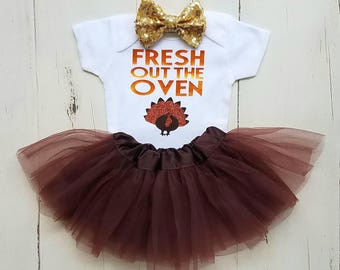 Thanksgiving Outfit, Baby Girl 1st Thanksgiving Outfit, Girl Thanksgiving Onesie, Fresh Out The Oven, Baby Girl Thanksgiving Outfit, Onesie