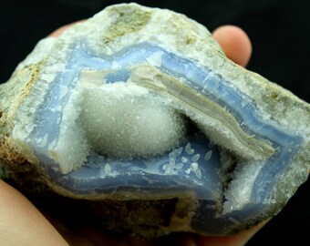 Large Blue Lace Agate Druzy Geode (764g, Malawi) Rare, Natural Raw Blue Quartz Crystal Specimen #BLAG17