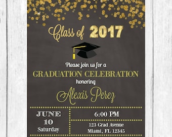 Graduation Invitation, Gold Glitter Graduation Invite, Grad Invite, Class of 2017, Gold Glitter Invitation, Graduation Party, Printable