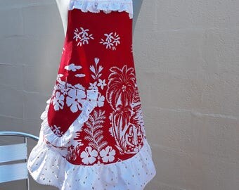 Tablier bavette TAHITI/ vintage 1970/ cadeau/apron women fantasy/cooking apron/apron a bib, anniversaire /Mooréa/ BoraBora/rouge et blanc