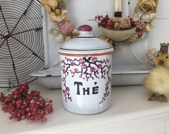 Antique storage jar 'The', enamel, shabby
