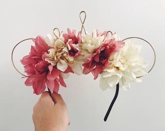 Rose Gold Princess Floral Wire Ears Disney Mickey Headband Crown