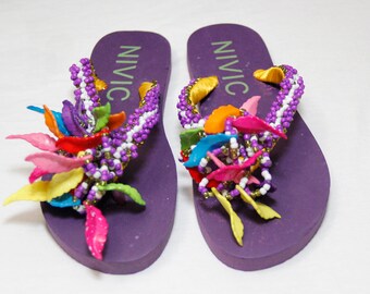 Hand Beaded Purple Slippers/Flip Flops
