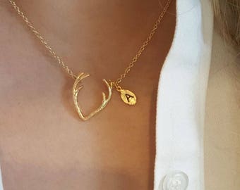 Gold Deer Antler necklace, Birthstone Necklace,Dear necklace, Antler Necklace with Birthstone necklace,Bridesmaid Gift