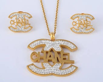 Designer Inspired CC Gold Necklace/Pendant Earrings Set 2