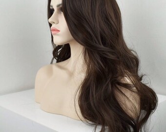 Hollywood Glam - long wavy heavily layered heat resistant synthetic wig in a dark chocolate brown - Kardashian style - can be customised