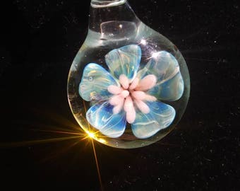 Gold Fumed Handblown Glass Flower Beachy Boho Style Hippie Heady Glass Pendant Implosion Flower