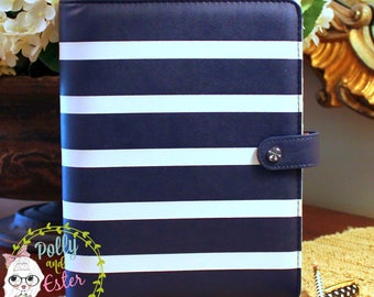 Planner Binder, Navy Stripe Planner Notebook, A5 or Personal Sizer Planner Binder, Planner Organizer, Leather Binder, Recipe Binder, Navy
