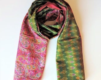 Upcycled, Exclusive Vintage Kantha Silk Sari Scarf - Cerise/Lime Green