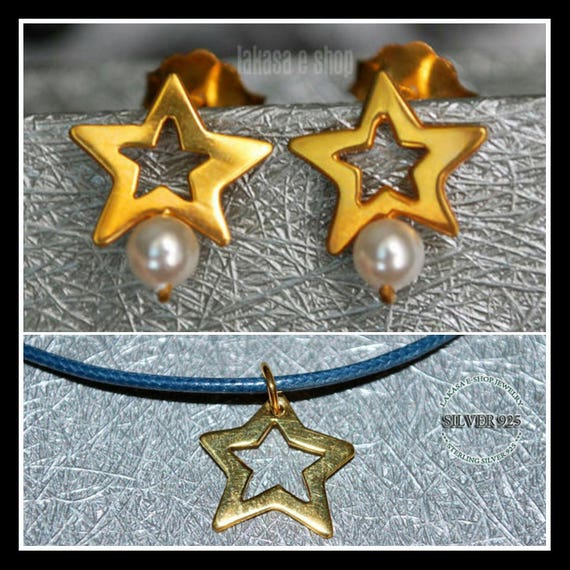 SET Stars Freshwater Pearls Jewelry Earrings Necklace Sterling Silver Gold plated Fine Greek Art Best Gift Mother day Anniversary Luck Star