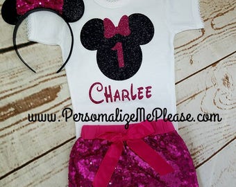 Minnie Mouse Birthday Outfit, Girls Birthday Outfit, Black and Hot Pink Birthday Outfit, Sequin Shorts Birthday Outfit