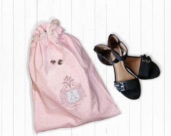 Pink Drawstring Tote bag with Embroidered Pink Monogram in Camelot Crest Applique Monogram Lingerie Bag Monogrammed Bridesmaid gift