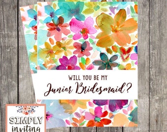 Will You Be My Junior Bridesmaid, Printed Note Card, Bridal Party Ask Card, Wedding Party Card, Bridal Proposal Card, Floral Watercolor