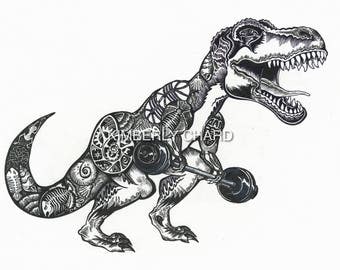 Dinosaur, T-Rex, Tyrannosaurus rex lifting weights. Giclee fine art Print