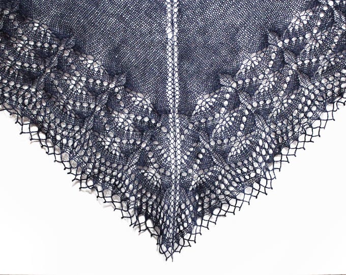 Openwork shawl handmade dark blue made from 100% wool, knitted scarf, shawl of wool, knit scarf-shawl, delicate shawl, crochet shawl