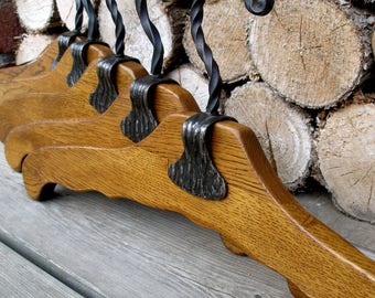 5 pcs of wooden clothes hangers, old vintage wood hangers, oak hangers, blacksmith metal hangers, retro old wood hangers, wooden hangers
