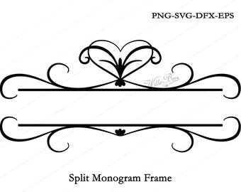 Split Flourish Monogram - Split Monogram Frame Svg - Split Flourish Monogram Frame - Cut File - Heart - Motif - INSTANT DOWNLOAD