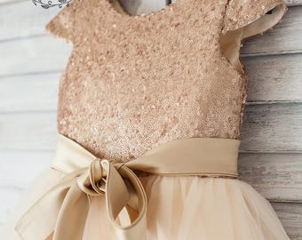 Gold Sequin Tulle Girl Dress, Cape Sleeves Champagne Flower Girl Dress, Toddler Tutu Dress, Baptism Christening Dress, Birthday Party