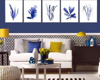 Seaweed painting Set of 5 Seaweed print Indigo Seaweed decor Seaweed poster Blue Seaweed Nautical decor Seaweed decor Beach house decor