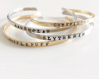 Gryffindor, Slytherin, Ravenclaw, Hufflepuff, Harry Potter Bracelet, Handstamped cuff, Harry Potter Jewelry, Hogwarts school houses