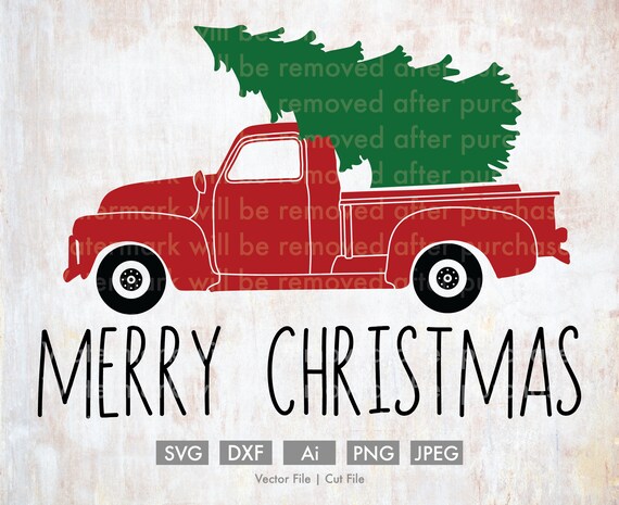 Merry Christmas Old Truck with Tree Cut File/Vector