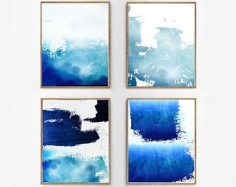 Art abstrait de mur bleu Indigo du Set-aquarelle grand marine impressions minimaliste art Minimal contemporain Modern art Paint