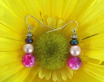 Handmade Pink Swirled Earrings With Pink/Silver/Green Acrylic Beads