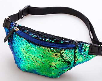 Green Blue Peacock Iridescent Mermaid Two Tone Sequin Bumbag Fanny pack Festival Concert Clothing