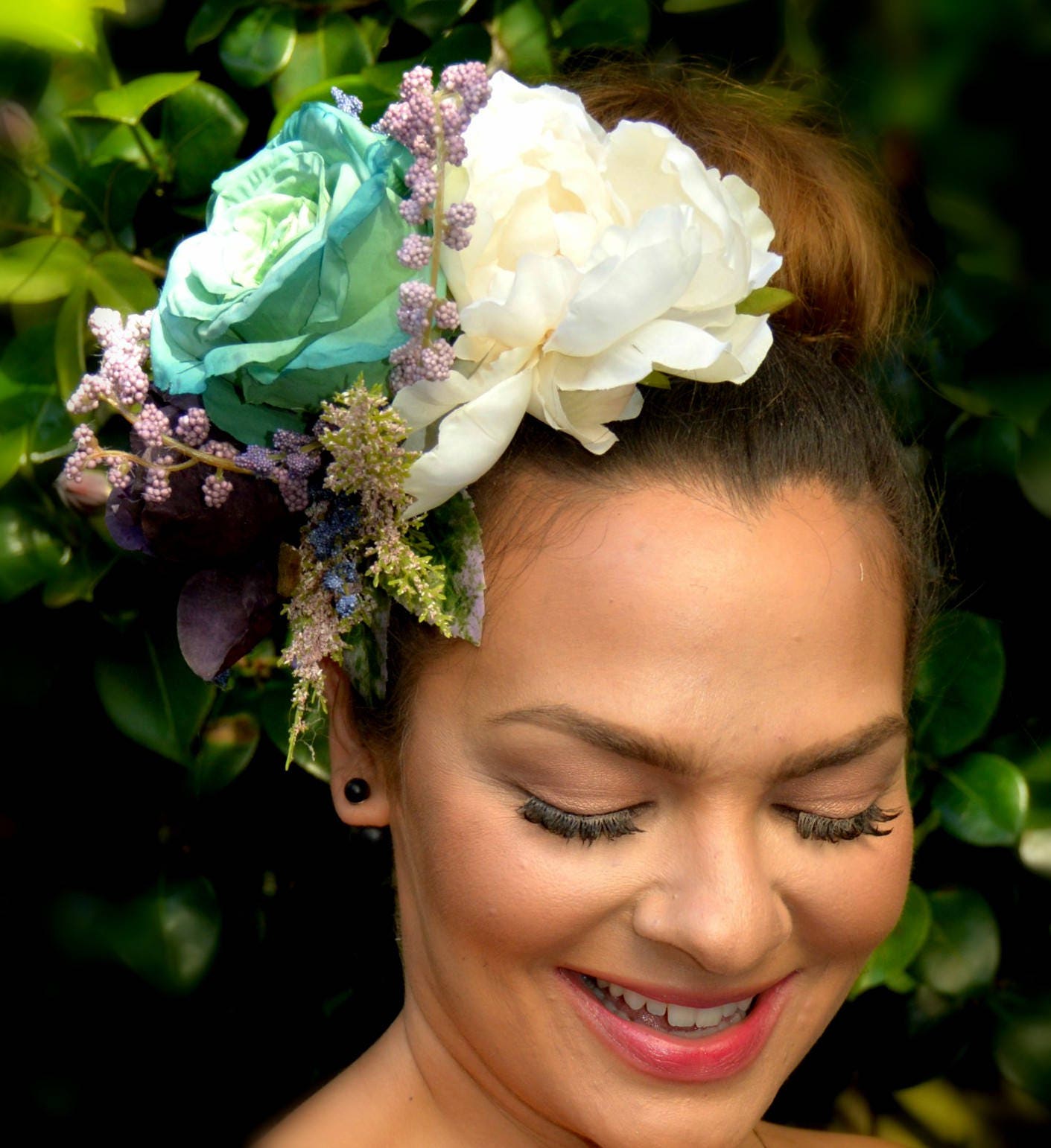 Boho Chic Flower Headpiece Dark Purple Ivory Peonies