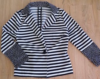 Womens blazer, striped blazer, blue and white striped, cropped jacket, lightweight jacket, cropped blazer, love hearts, vintage fabric