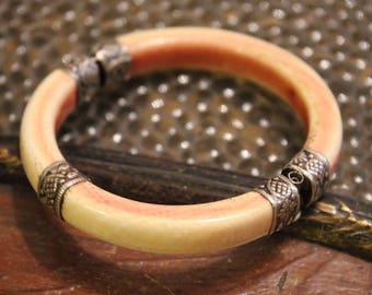 Antique Chinese Carved Bovine Bone White Metal Bangle Bracelet