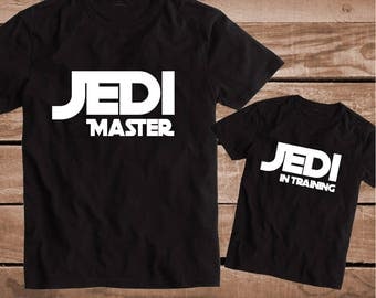 Jedi Master and Jedi In Training Custom Tee Tees Matching T-Shirts Parents and Kids Star Wars Tees Dad and Son Matching Shirts, bb85