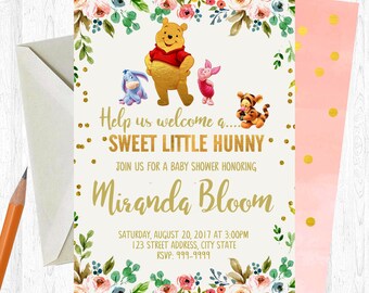 Winnie the Pooh Baby Shower Invitation, Winnie the Pooh Baby Shower, Watercolor, Floral, Shabby Chic, Boho Invitation