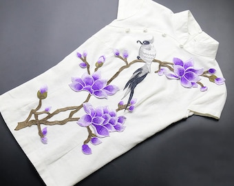 Purple Flowers Appliques Bird On Floral Branch Patches