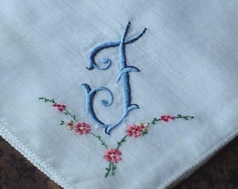 Vintage Monogram Handkerchief Wedding Hankie Fine Cotton Hanky Bridal Vintage Handkerchief Letter F Hankerchief Blue Embroidered Hankie