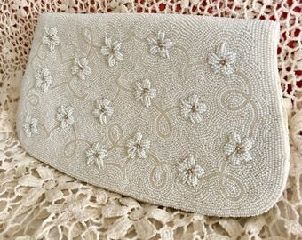 Vintage Handmade White Beaded Clutch // Beaded Evening Clutch Purse // Bridal Bag