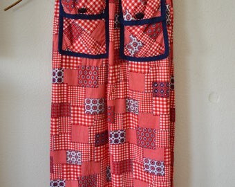 Vintage Patchwork Maxi Skirt High Waisted Red Navy XSmall