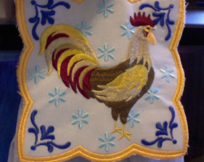 Yellow Embroidered Cotton Kitchen Towel Embellished With The Sunrise and a Rooster, Kitchen Towel for Christmas - Holiday -Housewarming gift