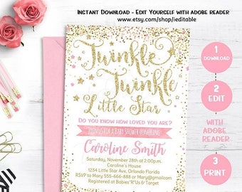 25% OFF SALE Twinkle Twinkle Little Star Baby Shower Invitation, Pink and Gold Invite, Gold Glitter, Editable invitation, Template, INSTANT