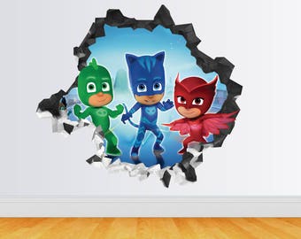 PJ Masks Children Super Heroes Catboy Owlette Gekko Smashed Wall Decal 3D Kids Sticker Art Decor Vinyl Character Door AH57