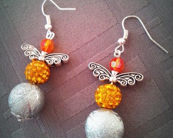 Fancy flight, grey, yellow and orange beads with butterfly wings earrings