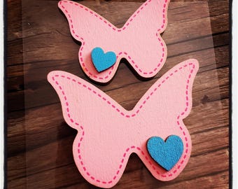 set of 2 butterflies in rosewood and blue heart