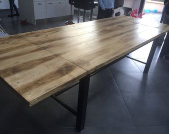 Drawer industrial dining table and extension in solid pine