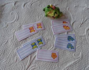 9 labels cow, car, bear, flowers to mark kids clothes by a quick iron
