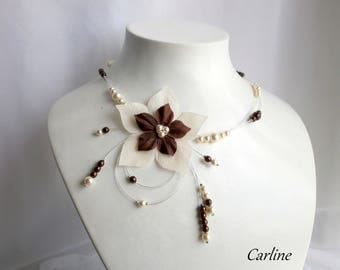 Nude - Necklace Double round ivory Brown bridal silk flower