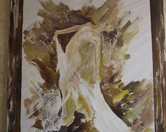 table: pretty nude woman with her cats painted on canvas.