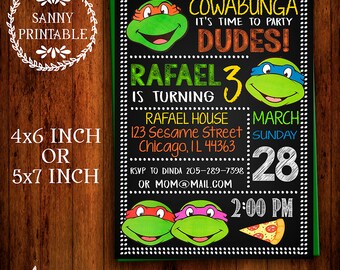 Ninja Turtles Invitation, TMNT Invite, Chalkboard, Ninja Turtle Party, Printable, TMNT Party, Free Thank you card